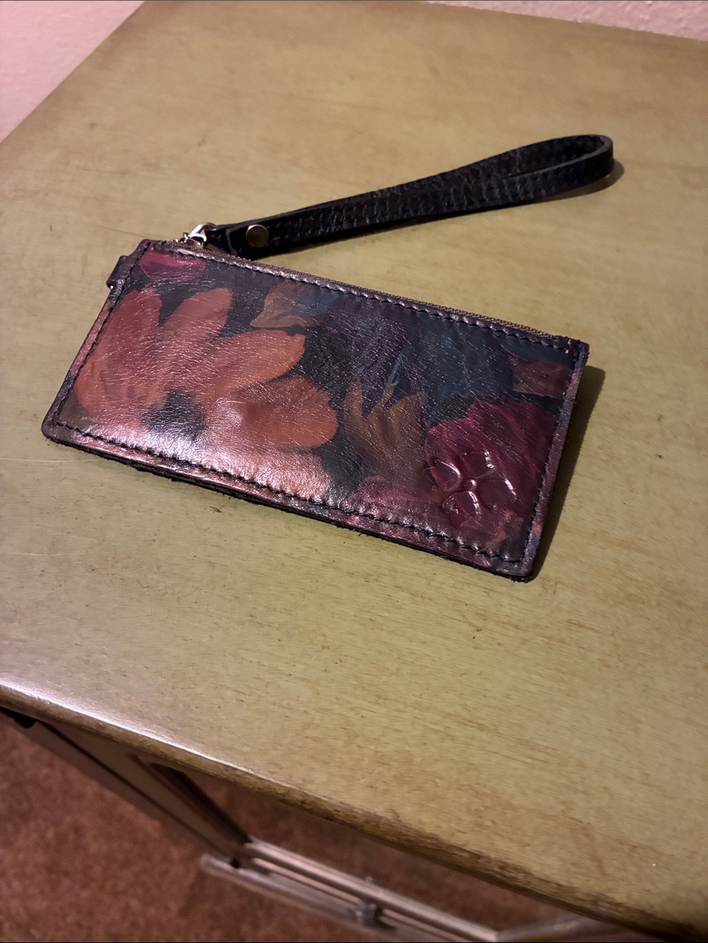 PATRICIA NASH. Floral Leather Wristlet Card Holder - Brown & Burgundy. Like New